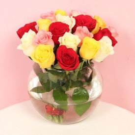 12 Mixed roses in red, yellow, orange and pink