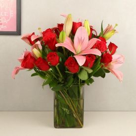 5 Pink lilies and 10 Red Rose with Vase