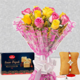 Bunch of 12 red roses, 1/2 kg Soan papdi with Rakhi