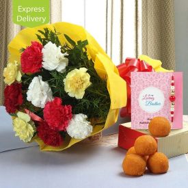 rakhi, bunch of mixes roses and i kg sweets .