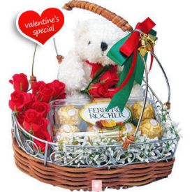 10 Red Roses, 16 pcs Ferrero Rocher and 6 inch Teddy with Basket