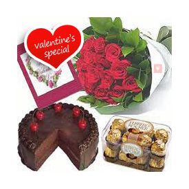 10 Red Roses, 16 pcs Ferrero Rocher and 1/2 Kg Chocolate Cake