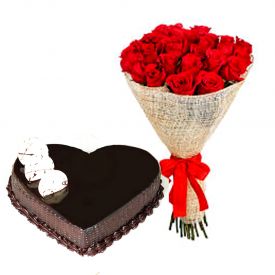 Roses With Heart Shape Chocolate Cake