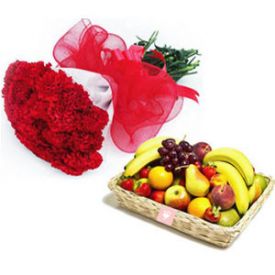 10 Red Carnation and 2 Kg Mixed Fruits with Basket.