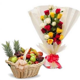 10 Mixed Roses and 2 Kg Mixed Fruits with Basket.