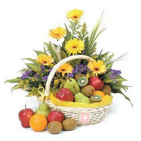 10 Yellow Gerbera and 2 Kg Mixed Fruits with Basket.