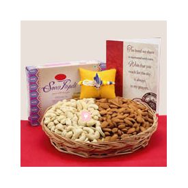 Rakhi with Greeting Card, soan papdi and dry fruits