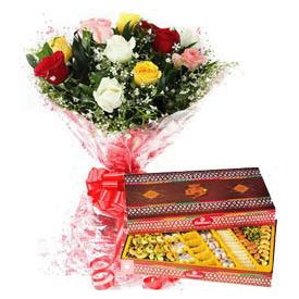 Bunch of 10 Mixed Roses with 1/2 Kg Mixed Sweets.