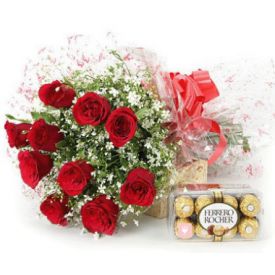 10 Red Rose and 16 pcs Ferrero Rocher