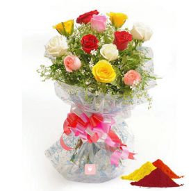 12 mixed Roses with Gulal