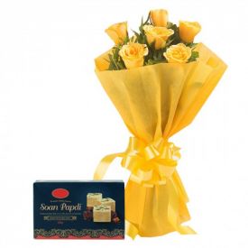Bunch of 10 Yellow Roses with 1/2 Kg Soan Papdi.
