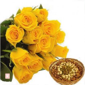 Bunch of 12 yellow roses and 1kg dry fruits with basket