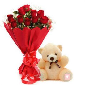 10 red roses and (6 inch) cream teddy bear