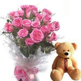 A bunch of 25 pink roses and (6 inch) brown teddy bear.