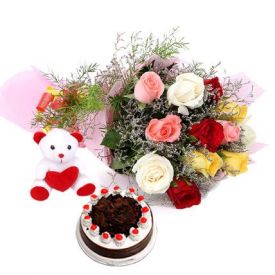 A bunch of 10 mixed roses, 1 kg black forest cake and 12 inch teddy bear