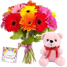 A bunch of 20 mixed gerberas, and brown 6-inch teddy bear.