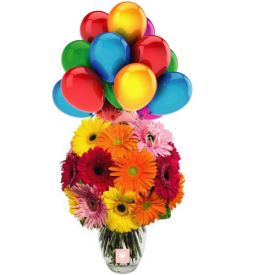 Gerberas in Vase with Balloons