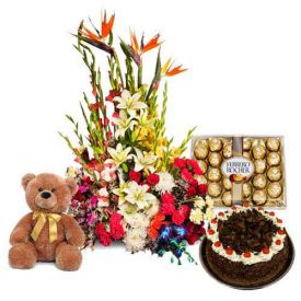 Basket of Mixed flowers, Black forest cake, Ferrero Rocher and Teddy