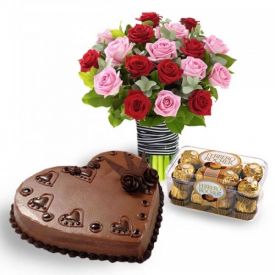 Bunch of 20 Red and Pink Roses, 1 kg heart shaped chocolate cake with 16 Pcs Ferrero Rocher