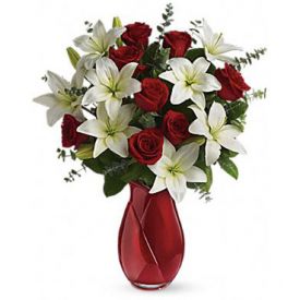 15 white lily and 14 red roses with vase