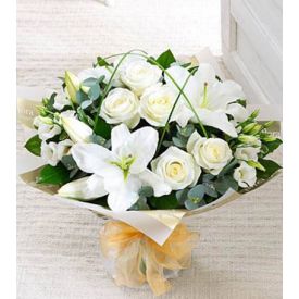 Bunch of 12 white lilys and 9 white roses with vase