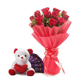 20 Red Roses, 6 inch Teddy Bear and 16 pcs Dairy M...