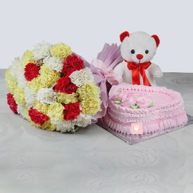 30 Mixed Carnation with 1 Kg Cake (Eggless) & Teddy