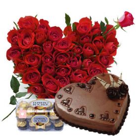 Heart of 50 Red Roses, heart shape 1 Kg chocolate cake with 16 pcs ferrero Rocher