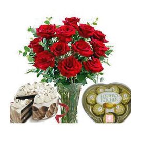 10 Red roses in Vase, 1/2 kg Buttur sotch cake and 16 pc ferrero Rocher