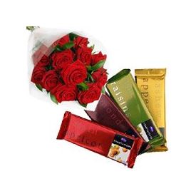 4 Cadbury Temptation Bars with 12 Red Roses Bunch