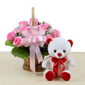 10 Pink Roses with White Teddy Bear