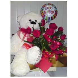 Large Teddy with 12 Red Roses and 6 pcs Balloons