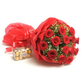 Supple Gesture and Bouquet of 10 Red Roses , Ferraro Rocher Chocolate Box - 16 pcs.