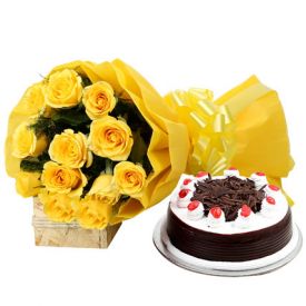 Perfect Combo To Gift and 12 Yellow Roses ,Blackforest Cake - 1-2 kg
