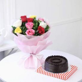 10 mixed roses and 1 kg Chocolate Truffle cake