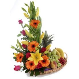 Fruits basket with mix flower
