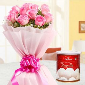 Bunch of 25 Pink Roses with Rasgulla
