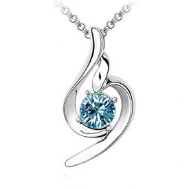 18k White Gold Plated Blue Solitaire Crystal Curvy Pendant with Chain