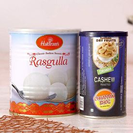 Can of Roasted Cashew Nuts with Tin Pack Rasgullas