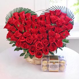 Heart shape of 50 Red roses with Ferrero rocher