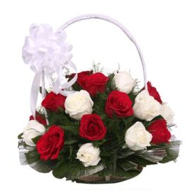 Basket of 30 red and white roses