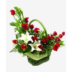Lilies and roses in basket