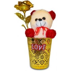 Golden Rose in Vase with Soft Toy