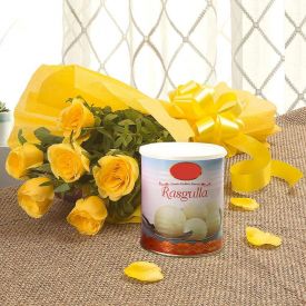 Yellow Roses With Rasgulla