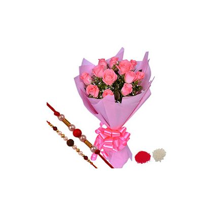 Bunch of 12 Pink Roses,Rudraksha Pearl Rakhi