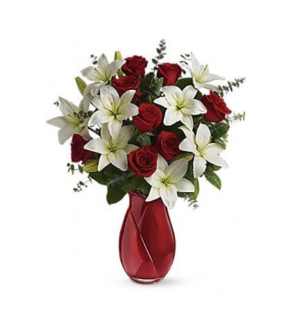 15 white lily and 14 red roses with vase