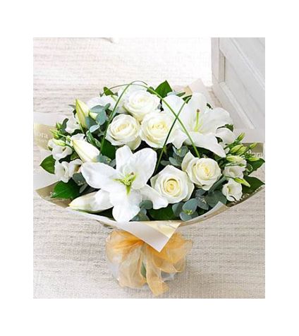 Bunch of 12 white lilys and 9 white roses with vase